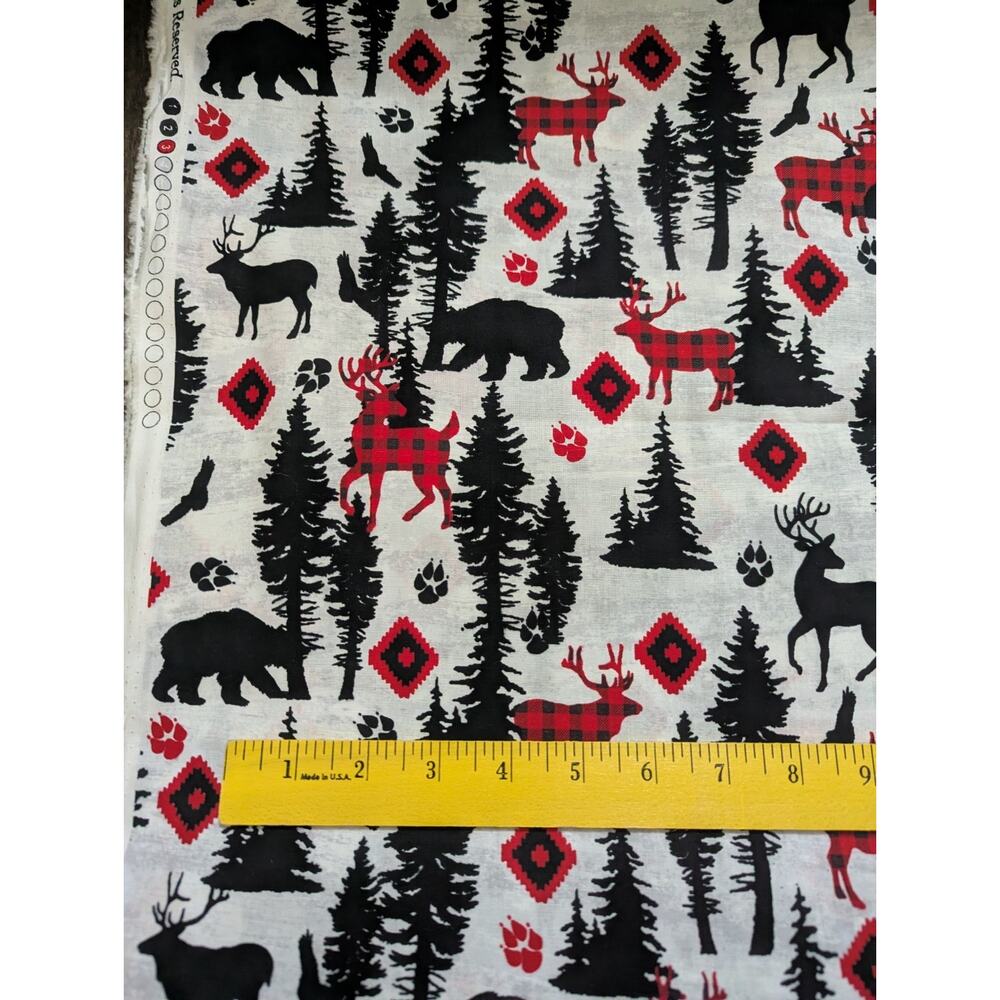 1 Yard Red Black Woodland Calico Bear Deer Animals Cotton Fabric Sew Sewing Diy
